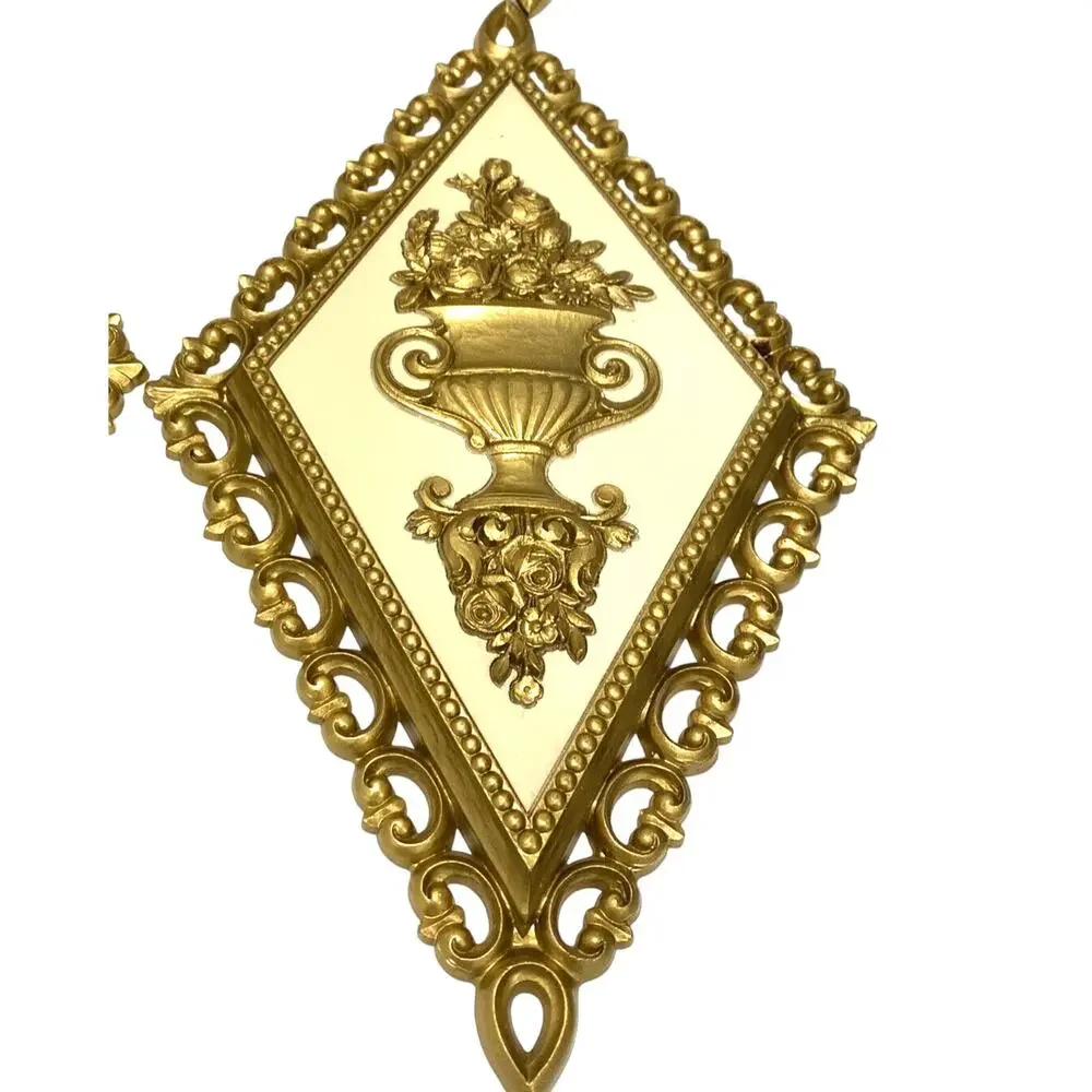 Vintage Homco Diamond Shaped Wall Hangings Set of 4 USA Gold & Cream Ornate